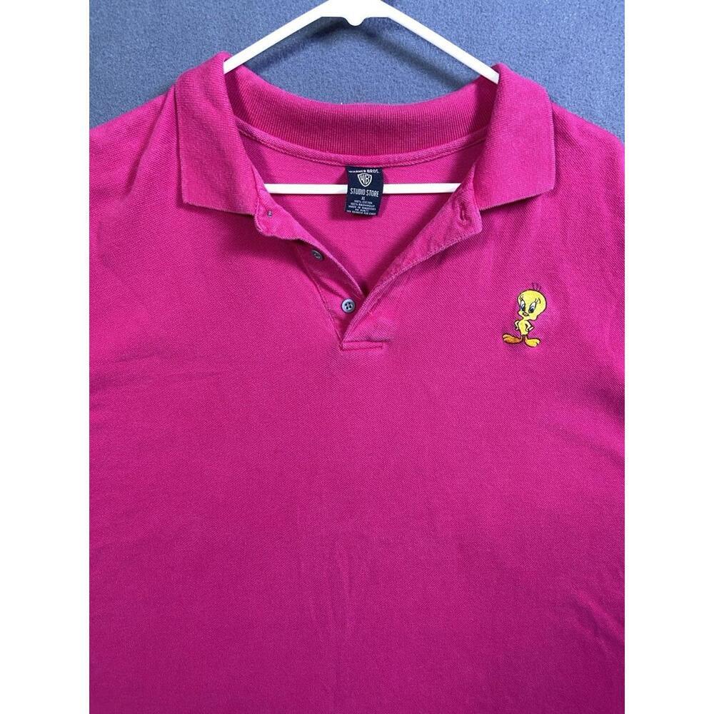 Vintage Looney Tunes Polo Mens XL Pink Tweety Bird Pique Knit Warner Bros VTG